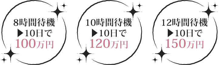 8時間待機10日で100万円／10時間待機10日で120万円／12時間待機10日で150万円